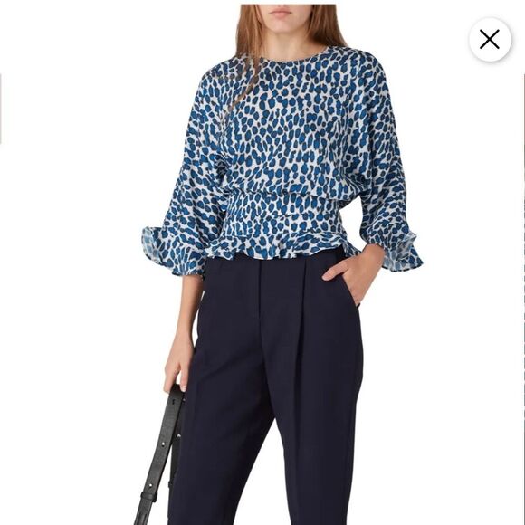 Derek Lam Collective Crosby Leopard Ruffle Hem Top Women Sz 4 Animal Print Blue - Picture 3 of 12